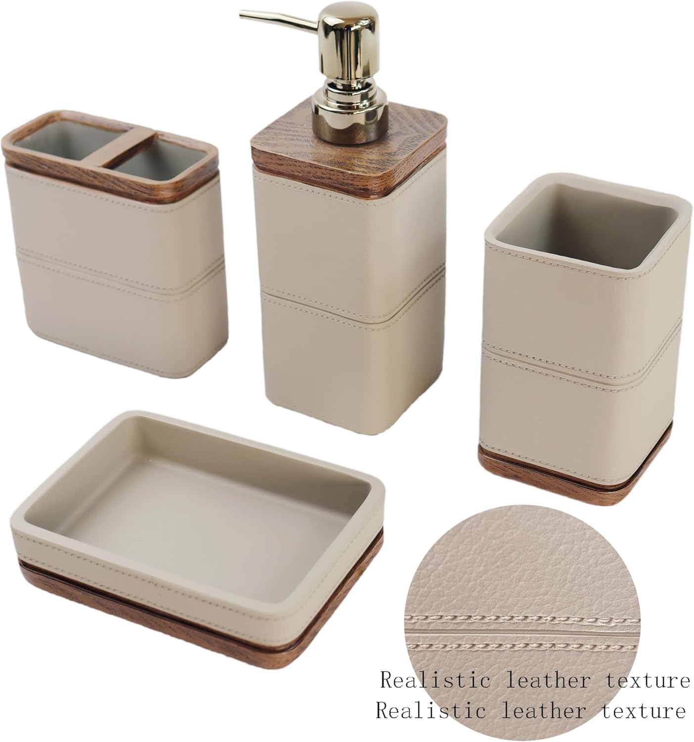 Hymmah Leather Pattern Design Bathroom Accessories Set,Farmhouse Bathroom Decor,4 Pcs Resin Gift Set Apartment Necessities, Contain Cotton Swab Jar,Soap Dispenser,Tumbler，Soap Dish/Tray