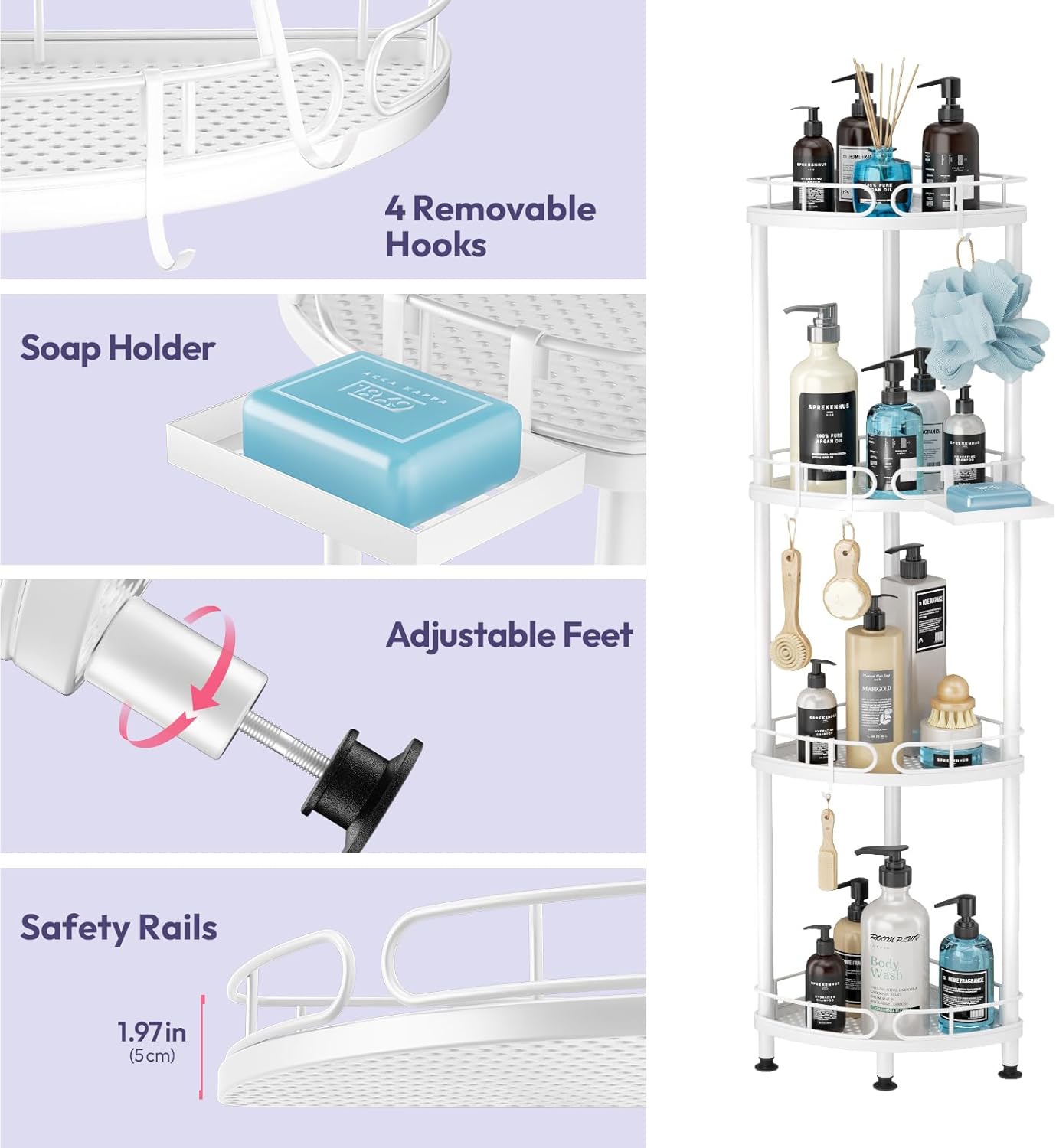 SWTYMIKI Corner Shower Caddy Standing - 4 Tier Stainless Steel Shower Organizer Stand with 4 Hooks & Soap Holder, Rustproof Metal Standing Tall Floor Shower Shelf and Bathroom Organizer, White
