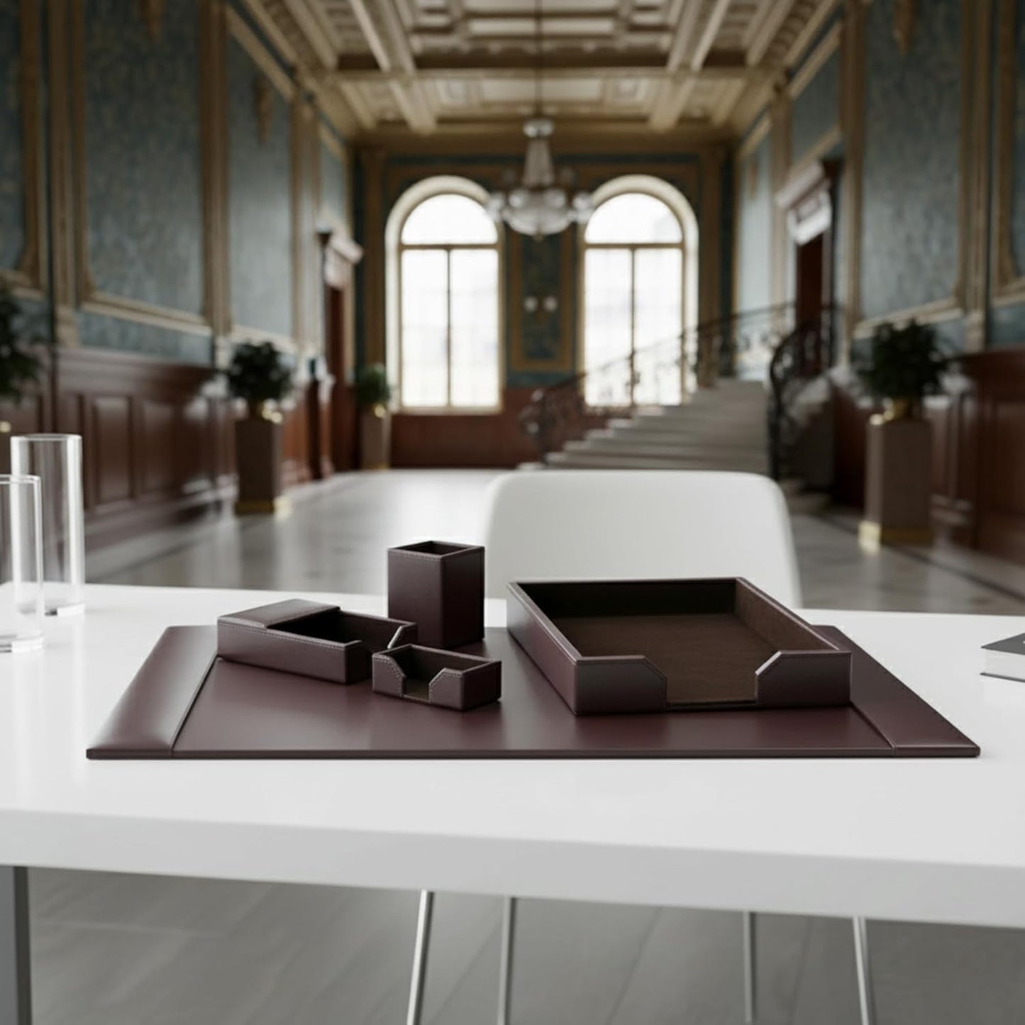 Dacasso Bonded Leather Desk Set - Luxury Leather Desk Pad & Desk Organization Essentials - Office Organization & Executive Desk Decor - (Dark Brown, 5 Piece)