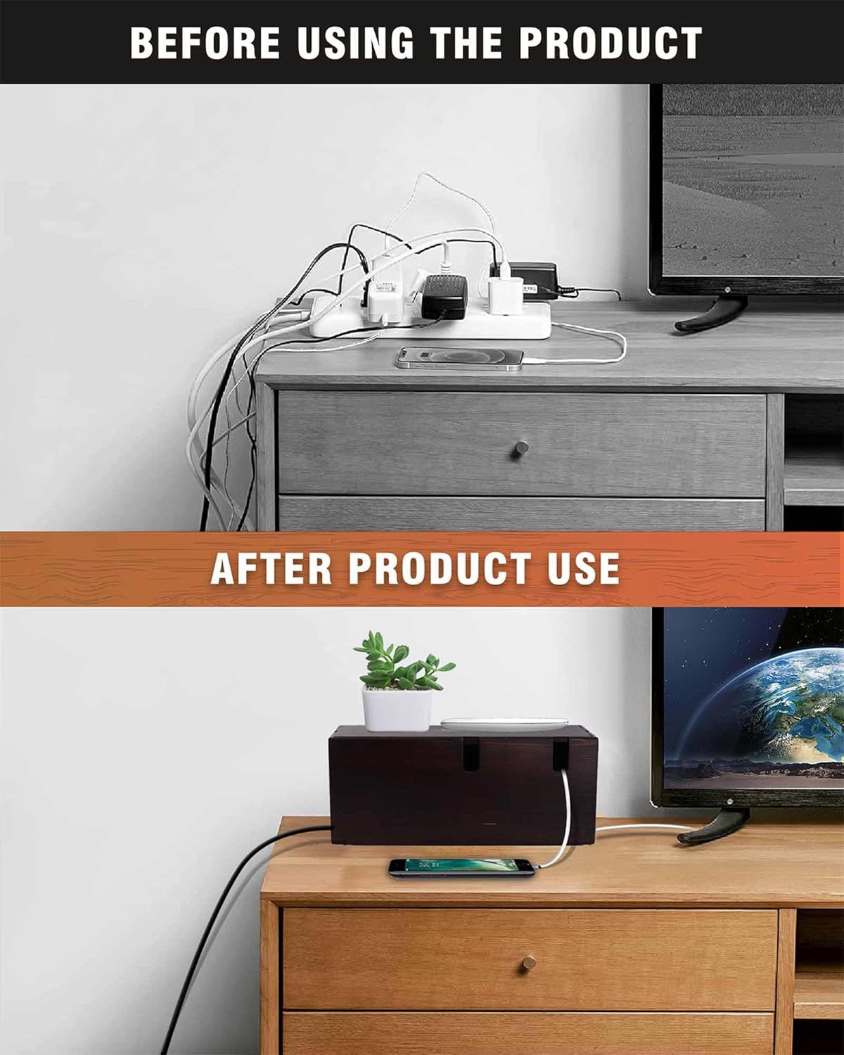 Natural Wood Cable Box. Cherry Color Large Cable Management Box, Cable Organizer Box, Perfect for Home, Office, or Desktop use. - Child and pet Safe Cable Box