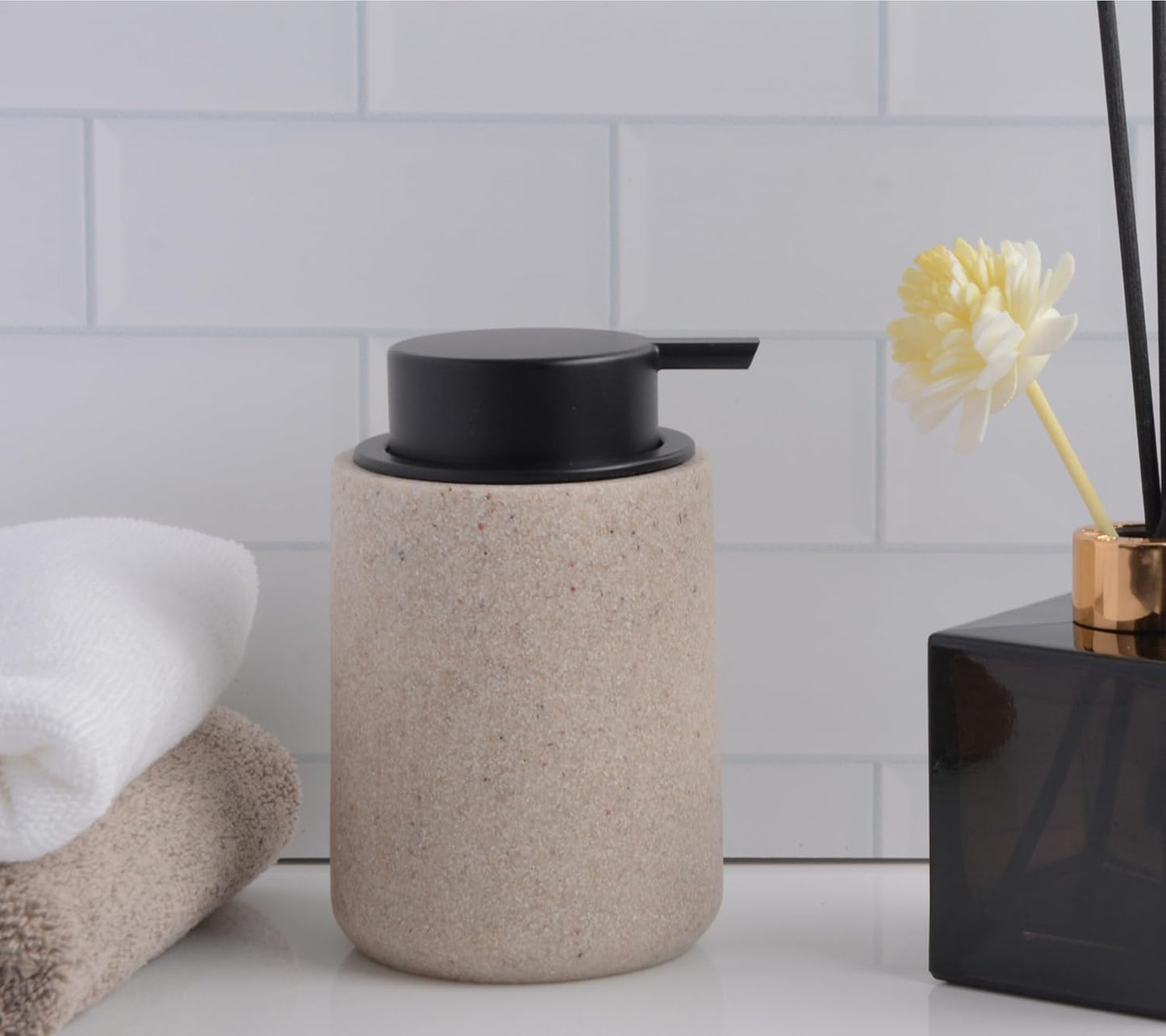 Resin Hand Soap Dispenser Easy-to-Press Liquid Pump, Refillable Soap Dispenser with Sandstone Like Finish, Waterproof Bottle Labels for Bathroom Kitchen Dish Lotion (Beige,10 oz)