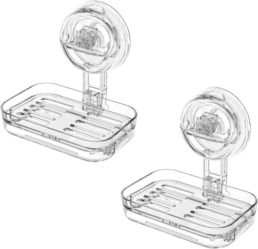 Soap Dish for Shower Clear Acrylic Soap Holder with Self-Draining Design No Drilling Required Strong Fixation for RV Bathroom and Kitchen Easy to Clean and Space Saving(2pack Suction Cup)