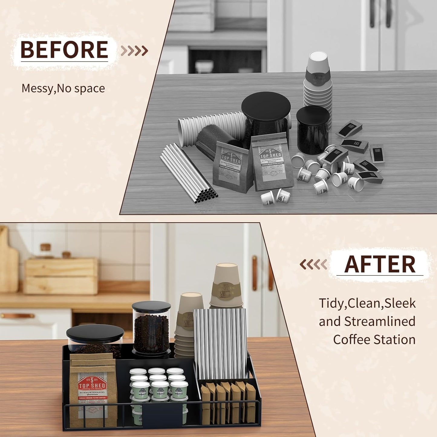Metal Coffee Station Organizer for Countertop - Coffee Bar Organizer with Designable DIY Logo, K Cup Pods Holder & Tea Condiment Storage - Rustic Breakroom Kitchen Decor in Balck （1 Pcs）
