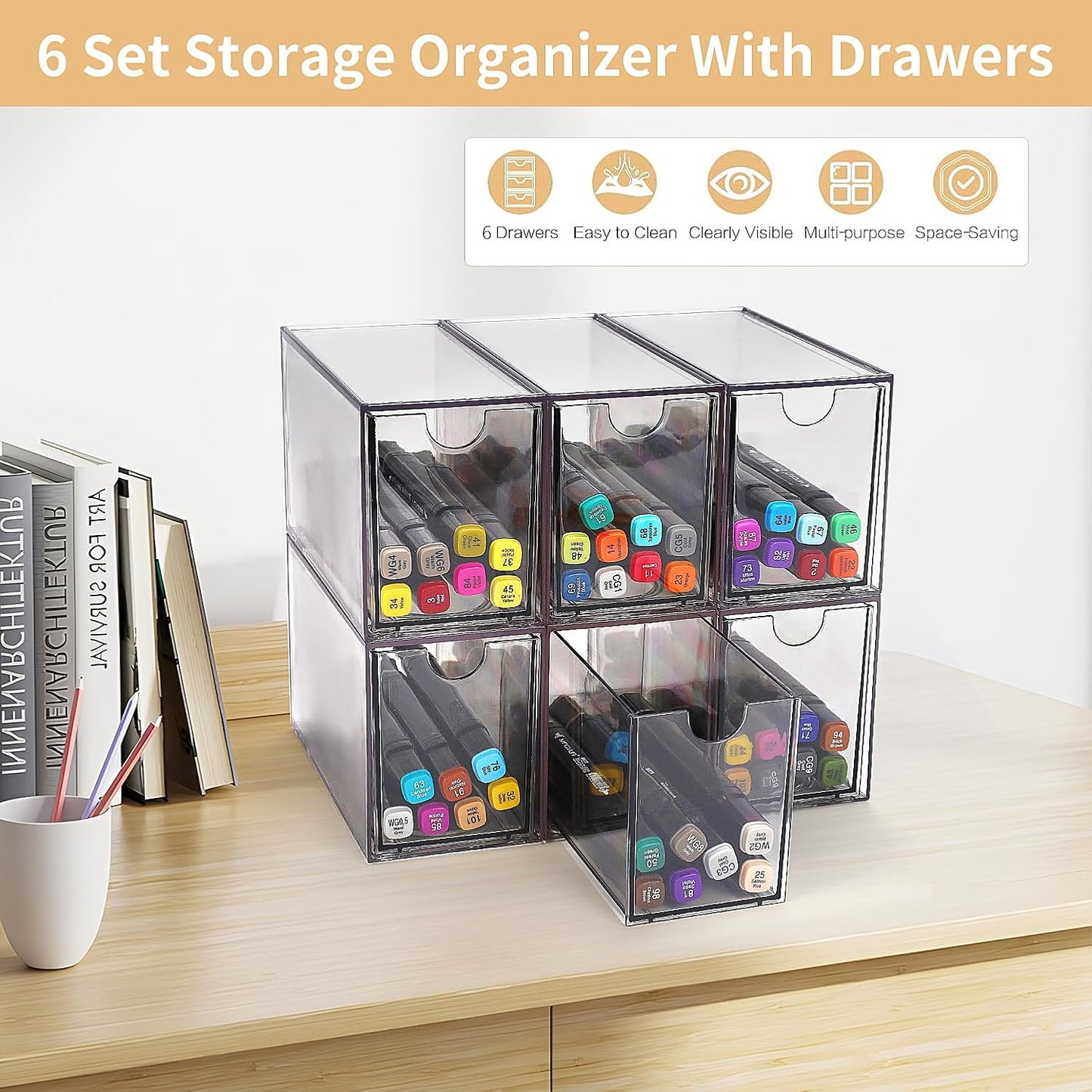 Desk Organizer with Drawers, Stackable Plastic Storage Drawers for Makeup or Desk Organization, Cabinets for Office Dressing Countertop Bathroom Bedroom (6 Packs)