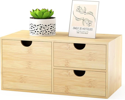 Bamboo Desk Organizer with Drawers - Small Desktop Countertop Mini Tabletop Storage Container - No Assembly Required