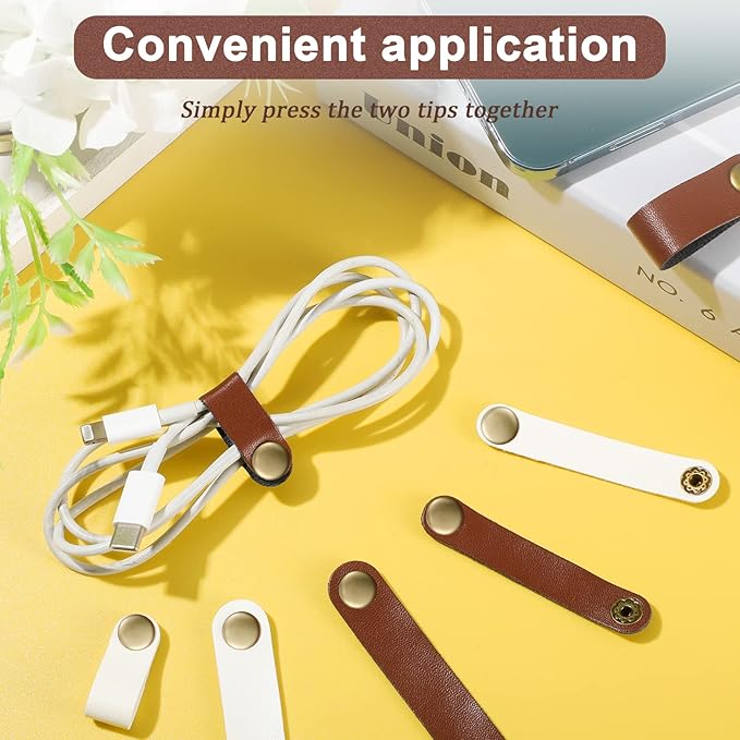 52 Pieces PU Leather Cable Straps, Earbud Cord Organizer, PU Leather Handmade Portable USB Cord Holder, Earphone Cable Tie Cable Management, for Travel, Home, School, Office (Beige, Chestnut Brown)