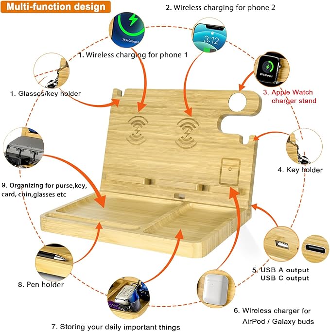 Nightstand Charging Station, 27W Fast Charging Wireless Charger Stand for iPhone/iWatch/Airpod/Samsung, Bamboo Phone Docking Station for Multi Devices, Desk Nightstand Organizer Gifts for Men