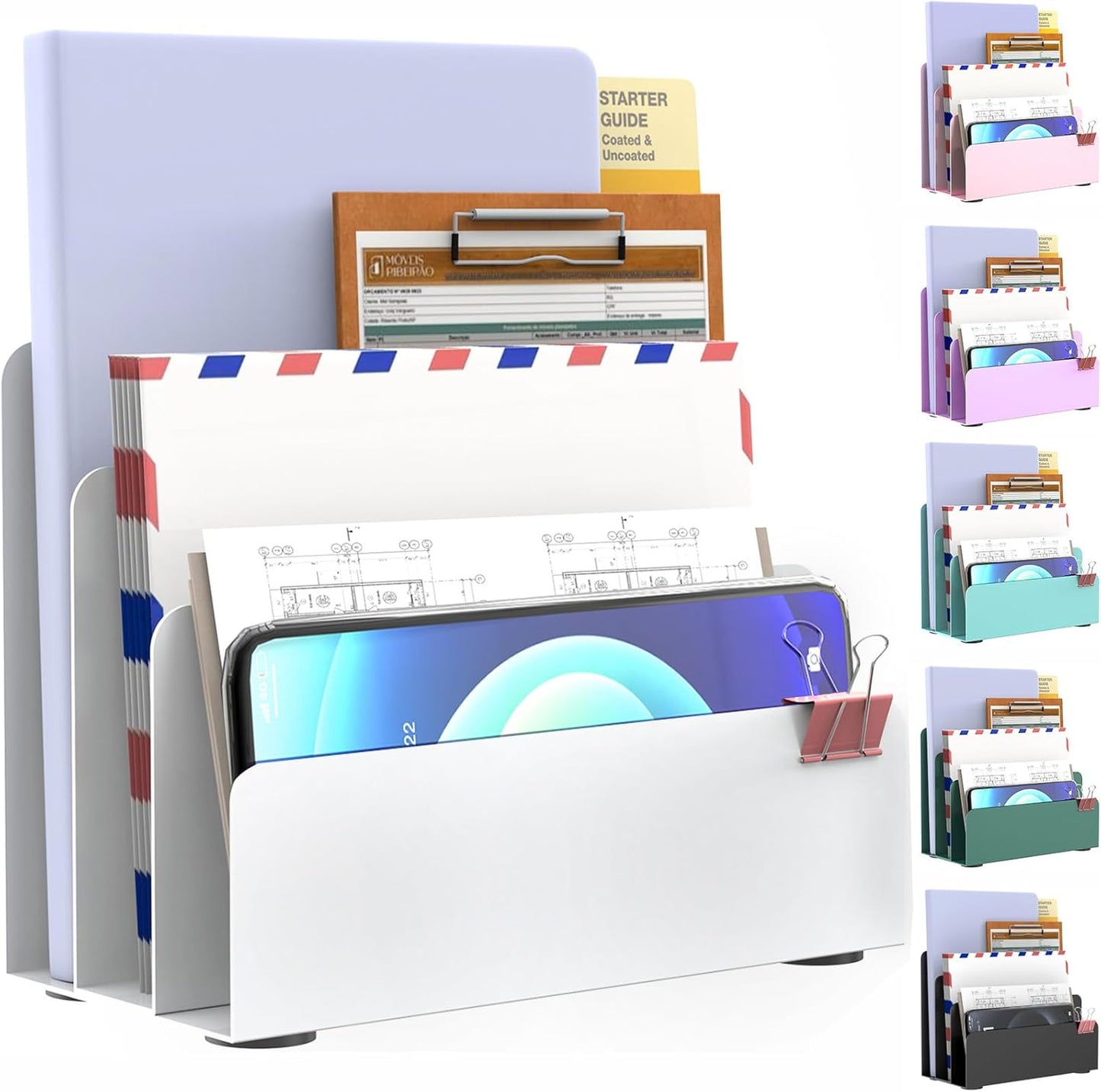 Mail Organizer Countertop, Small Desk File Organizer, Metal File Holder - Essential Workspace Organizers for Office Desk, Home Office (White)