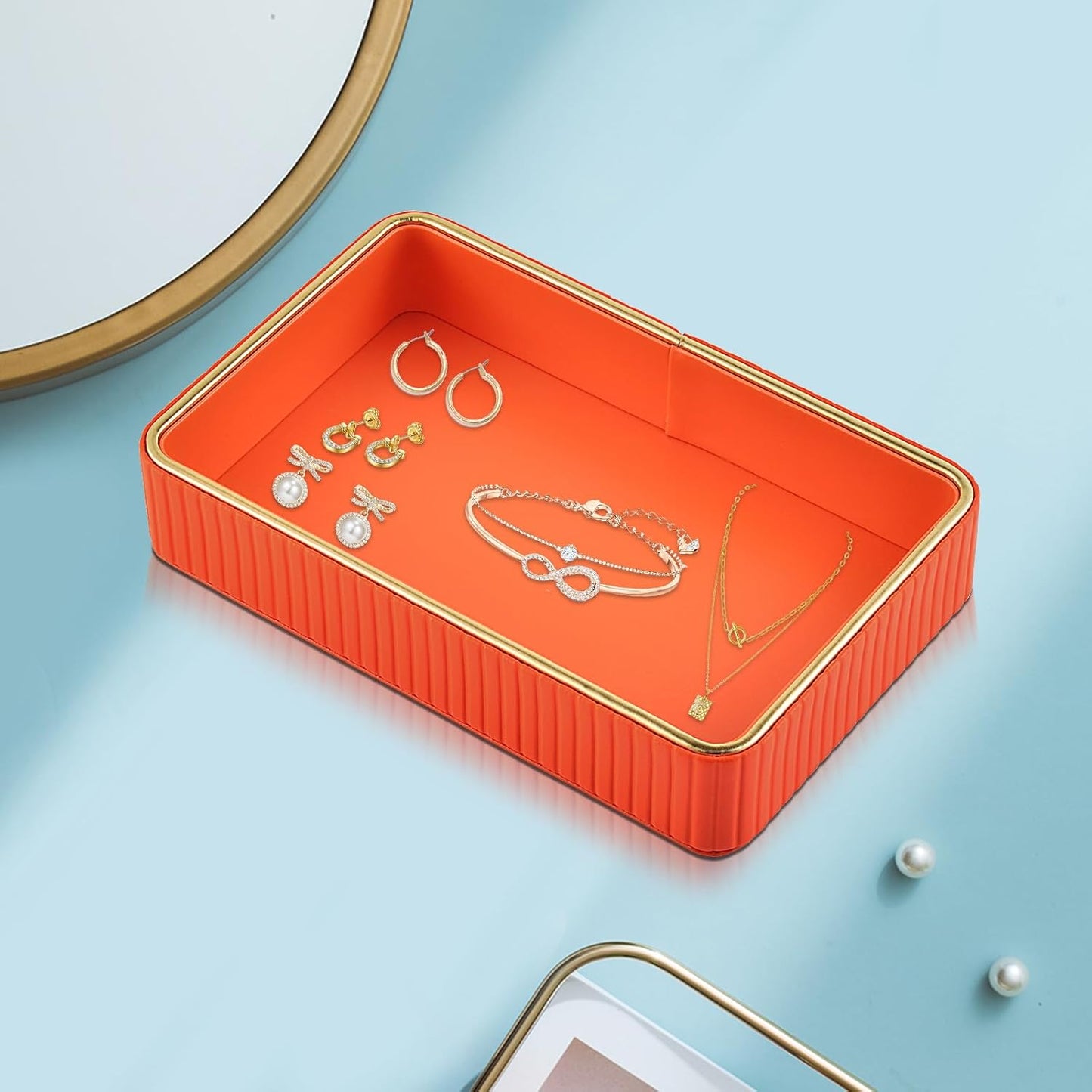 PU Leather Valet Tray,Desk Organizer Tray Nightstand Organizer Trinket Dish Storage Key Bowl Decorative Trays for Phone Wallet Jewelry Watch Bathroom Bedroom Perfume Vanity Trays,Orange