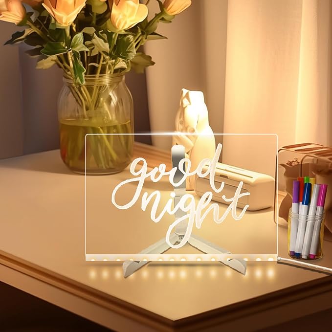 LED Note Board with Colors 12-Color Illuminated Acrylic Drawing Board - Dry-Erase Night Light with Stand for Home/Office/Gift/Festival (12" W x 7.9" H)