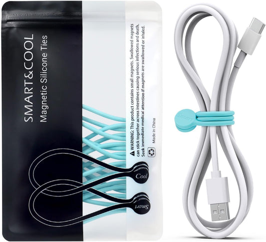 SMART&COOL Reusable Silicone Magnetic Cable Ties for Bundling and Organizing, Holding Stuff, Book Markers, Fridge Magnets, Assorted Color, 7.16'' (10-Pack, Aqua)