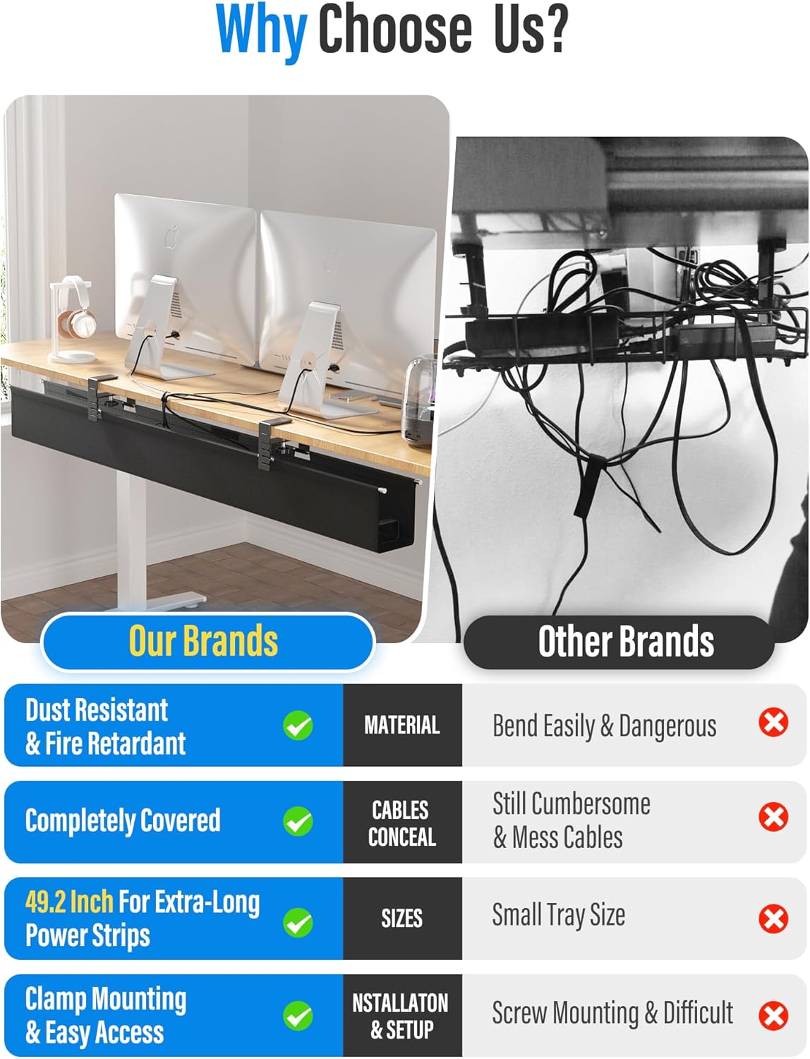 [Upgraded] Large Under Desk Cable Management Tray, Cinati Cable Management Under Desk No Drill, 49.2" Fabric Cord Hider for Wire Organizer, Cord Organizer for Office, Home - Supports Up to 30lbs Black