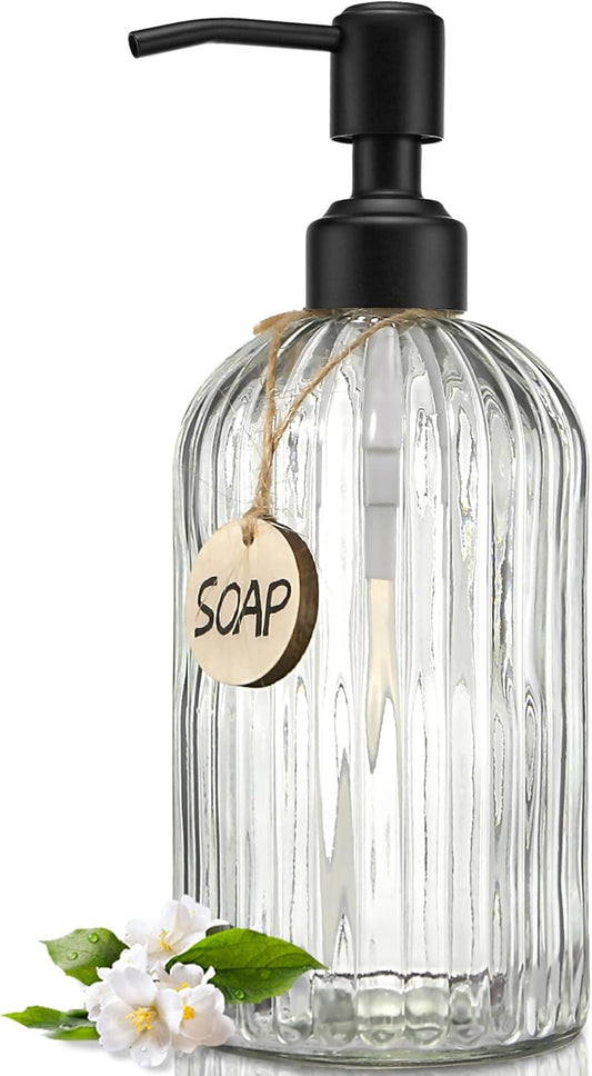 JASAI 18Oz Simple Glass Soap Dispenser with Black Rust Proof Pump,Refillable Kitchen soap Dispenser with Vertical Stripe, Bathroom Soap Dispenser for Dispense Hand soap, Dish Soap, Lotion.