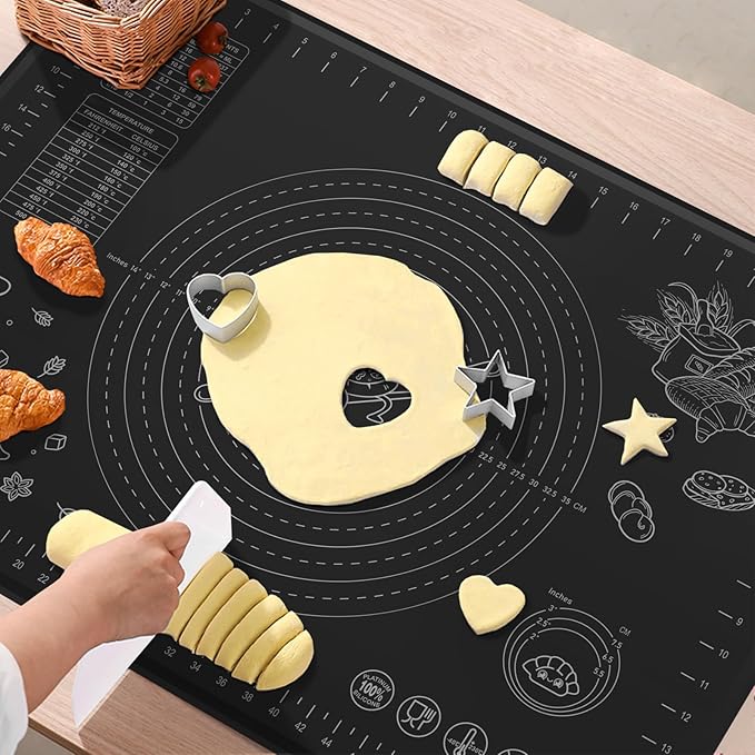 Silicone Baking Mat 32" x 24" Extra Thickness Dough Rolling Mat with Measurements and Edge Heightening, Non-stick Food Grade Silicone Pastry Mat for Pastry, Bread, Cookies, Pizza, Fondant, Pasta-Black