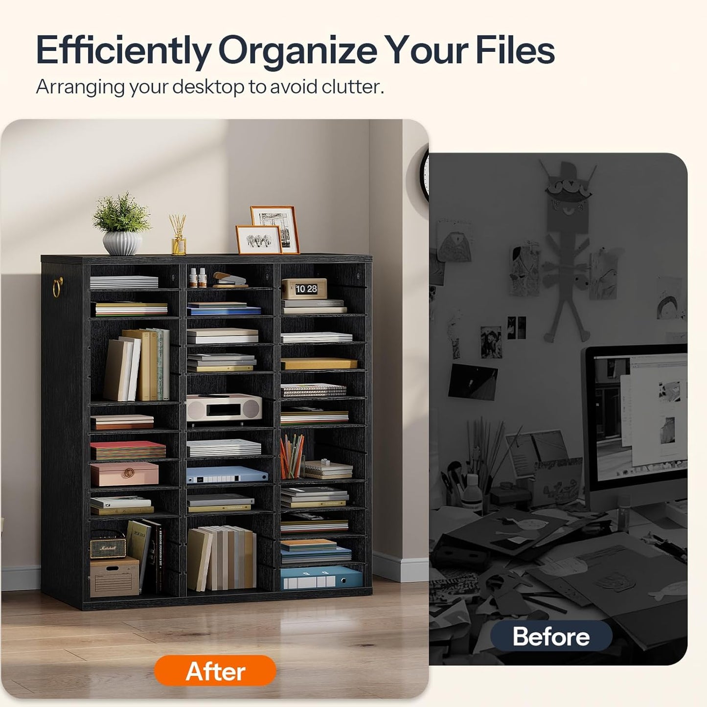 HOOBRO Literature Organizer, 36 Compartments Wooden Mail Organizer, Countertop Literature Sorter with Adjustable Shelves for Home, Office, School, Student Mailbox for Classroom, Black BK123WF01