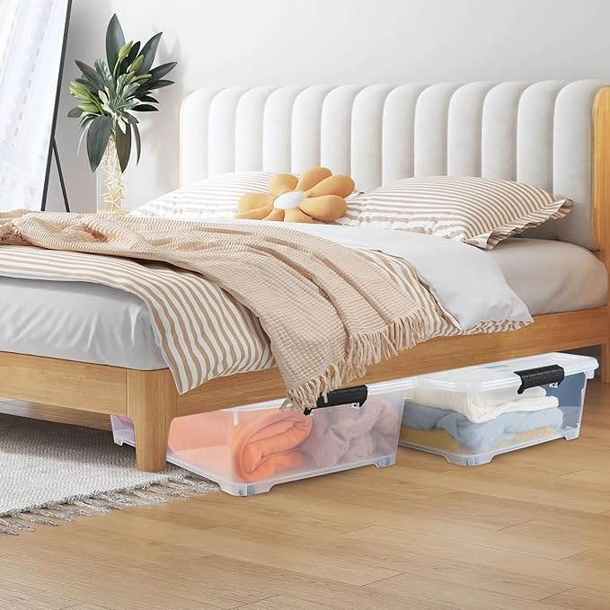 Hespama 25 Quart Clear Plastic Underbed Storage Bin with Wheels, 3 Pack