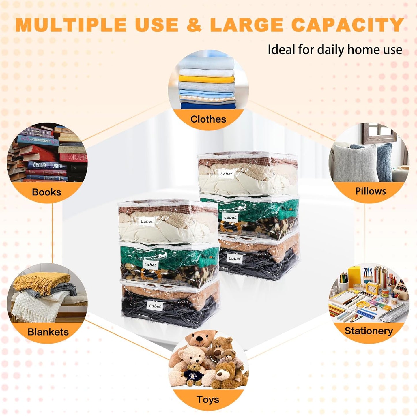 Clear Zippered Storage Bags Plastic Sweater Storage Bags with Zipper 6 Packs Clothing Organizer for Blankets Linen Sweater Bed Sheet Quilt Clothes Pillow (18 x 15 x 9 Inch)