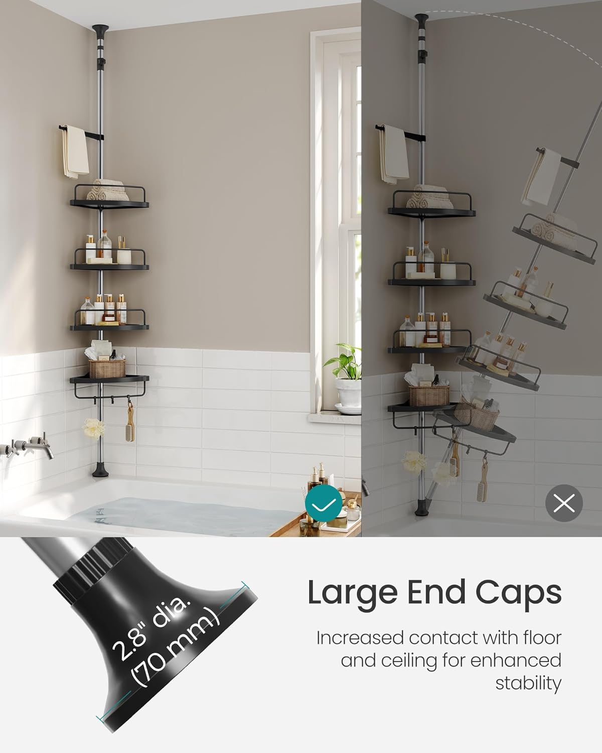 SONGMICS Corner Shower Caddy Tension Pole, 4-Tier Rust-Resistant Shower Organizer, Shower Shelf, Drill-Free, 35.8 to 118.1 Inches, Height Adjustable Trays, for Bathroom, Ink Black UBCB008B01