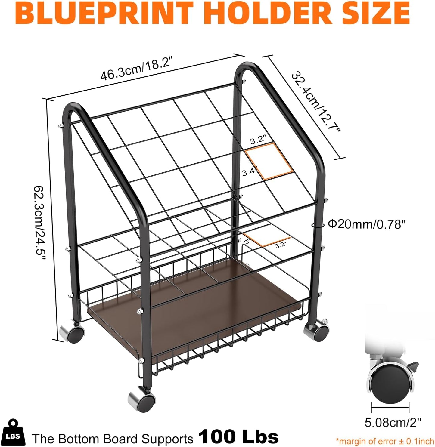 20 Slots Blueprint Holder, Double Layer Blueprint Storage with Sturdy PC Base Plate and 2 Brake Wheels for Office Organization, Storage Rack Rolling Cart, Construction Paper Organizer