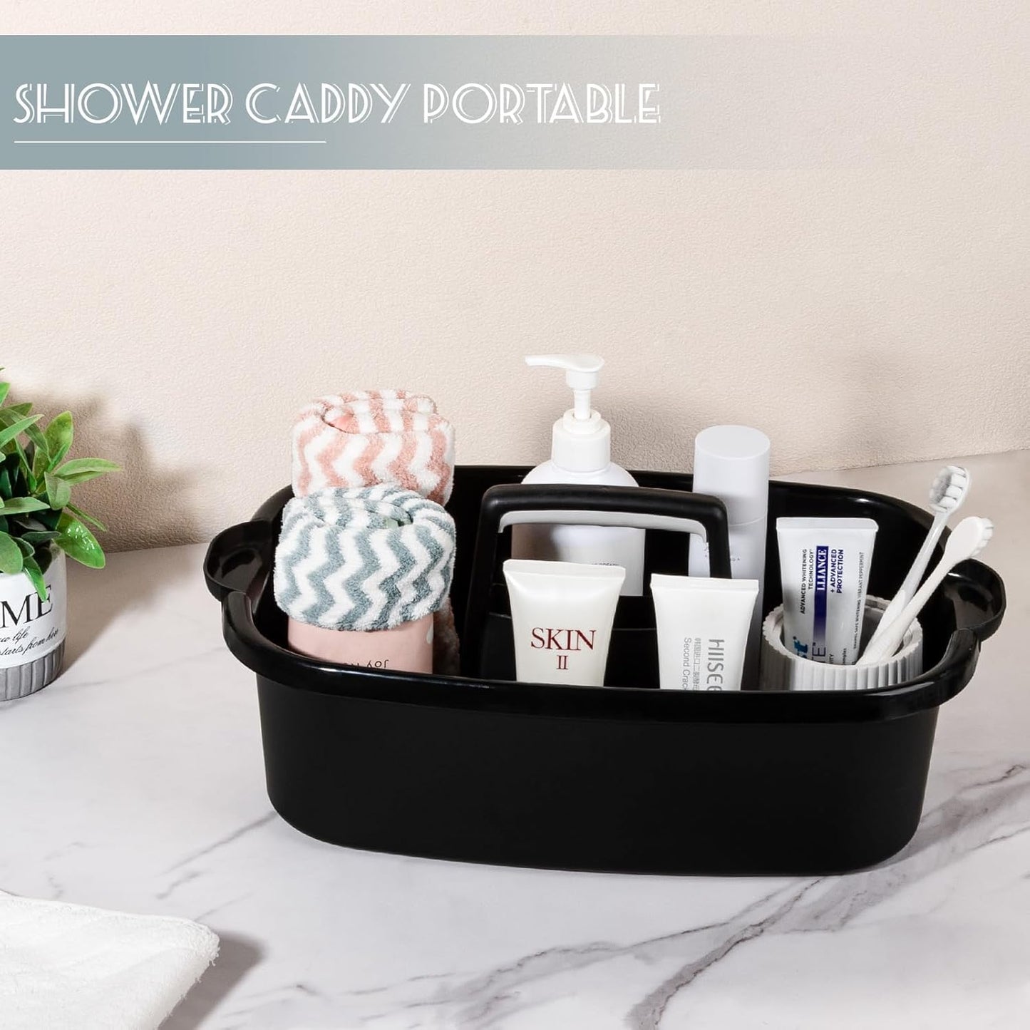 Large Cleaning Supplies Caddy Portable Shower Basket Supply Organizer with Handle Plastic Bucket Tool Storage for Bathroom, Bedroom, Kitchen, College Dorm, Garden, Black