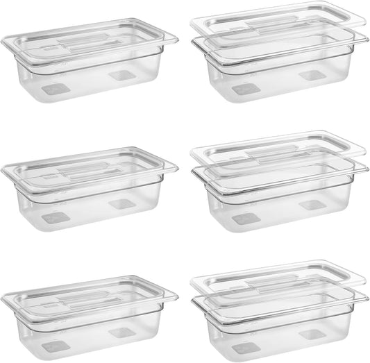 6 Pack 1/3 Size 4'' Deep Clear Food Pans with Lids, Commercial Food Pans Polycarbonate Transparent Food Storage Containers, Stackable Plastic Pan with Capacity Scale, Restaurant Supplies Hotel Pan