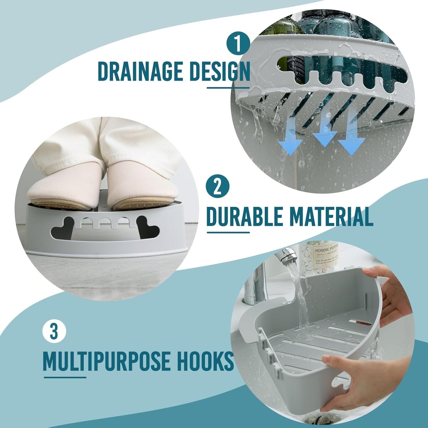 TAILI Corner Shower Caddy with Suction Cups, Wall Mounted Organizer Plastic Rack for Small Bathrooms, Kitchen, Removable Drill-Free Heavy Duty Shelf Basket, Grey