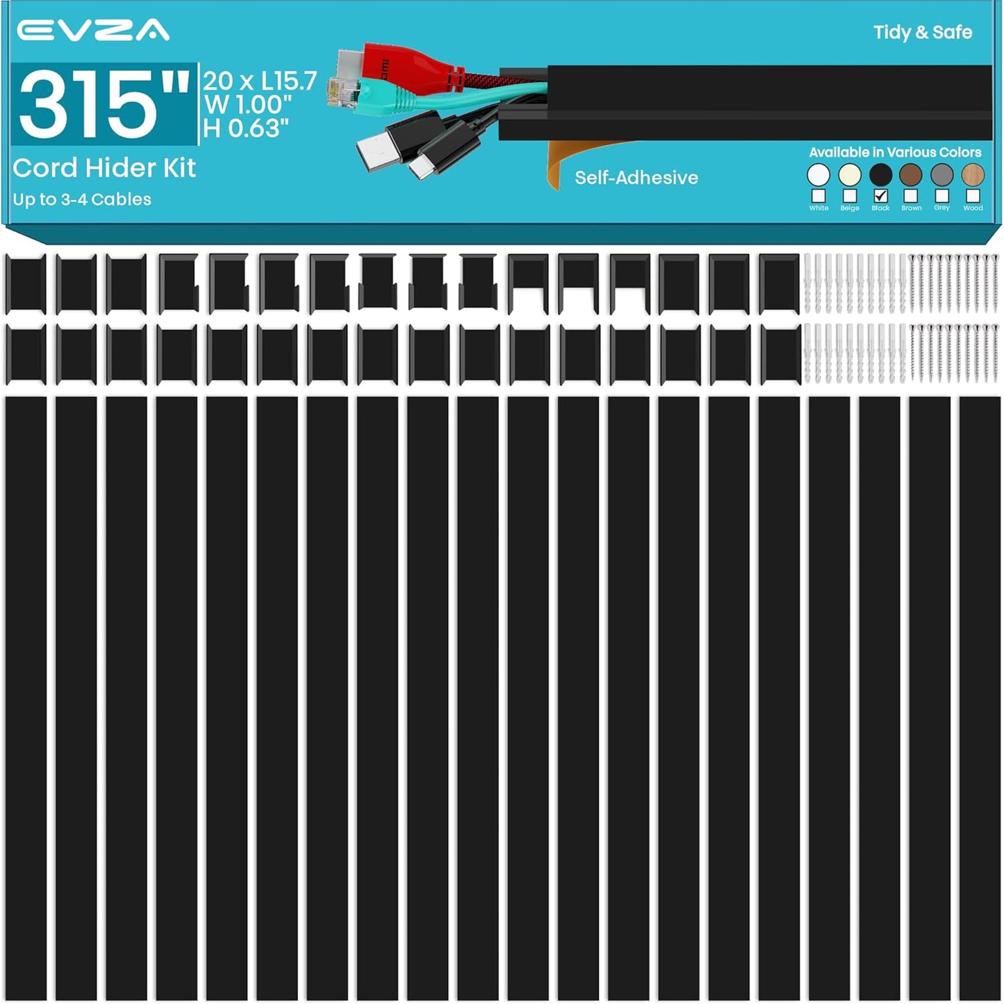 Black Cord Hider Cable Raceway - 315in Wire Cover for Cords, Hide Wires, Cord Covers for Wall Mounted TV, Cable Hider Wall Kit, Large Conduit Channel