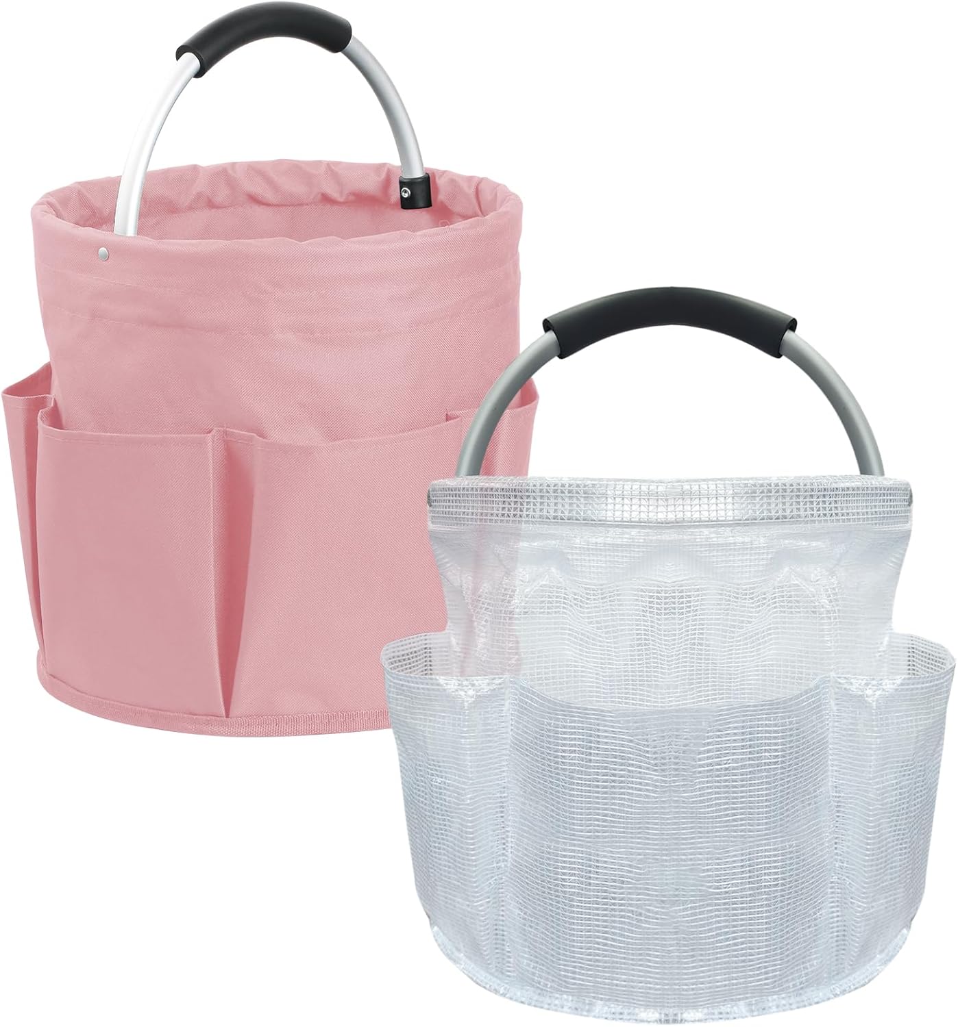 2Pcs 17L College Shower Caddy for Women, Bathroom Cleaning Caddy with Handle, 600D Oxford Fabric Cleaning Supplies Bucket, Multifunctional Storage Basket for Dorm, Family, Pink + Transparent