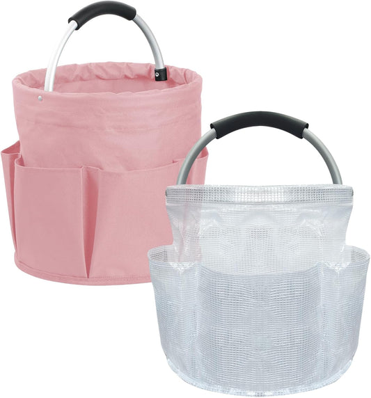 2Pcs 17L College Shower Caddy for Women, Bathroom Cleaning Caddy with Handle, 600D Oxford Fabric Cleaning Supplies Bucket, Multifunctional Storage Basket for Dorm, Family, Pink + Transparent