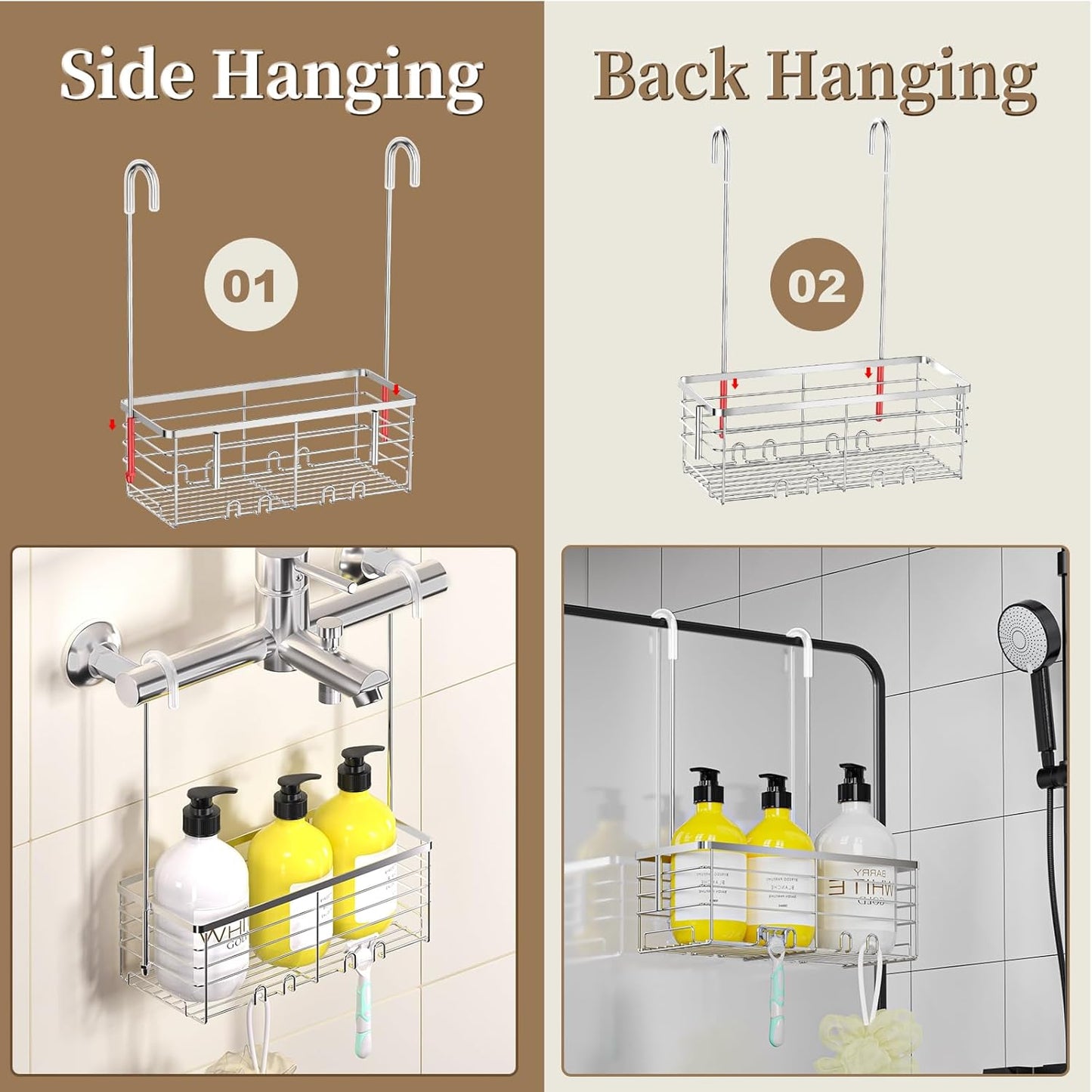 DELLAN Hanging Shower Organizer, Shower Rack with Hooks Over the Door, Bathroom Shower Caddy and Basket