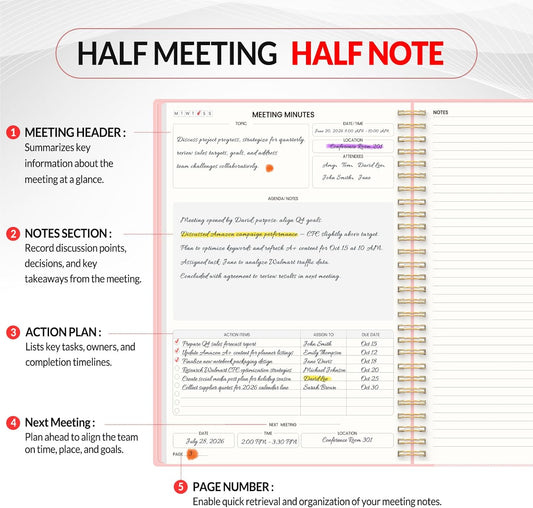 SUNEE Half Meeting Half Note 7"x10" Notebook for Work – 140 Pages, B5 Size Project Planner for Women&Men, Minutes Organizer for Meeting Notes, Ideas for Office/Business, PVC Waterproof Cover, Pink