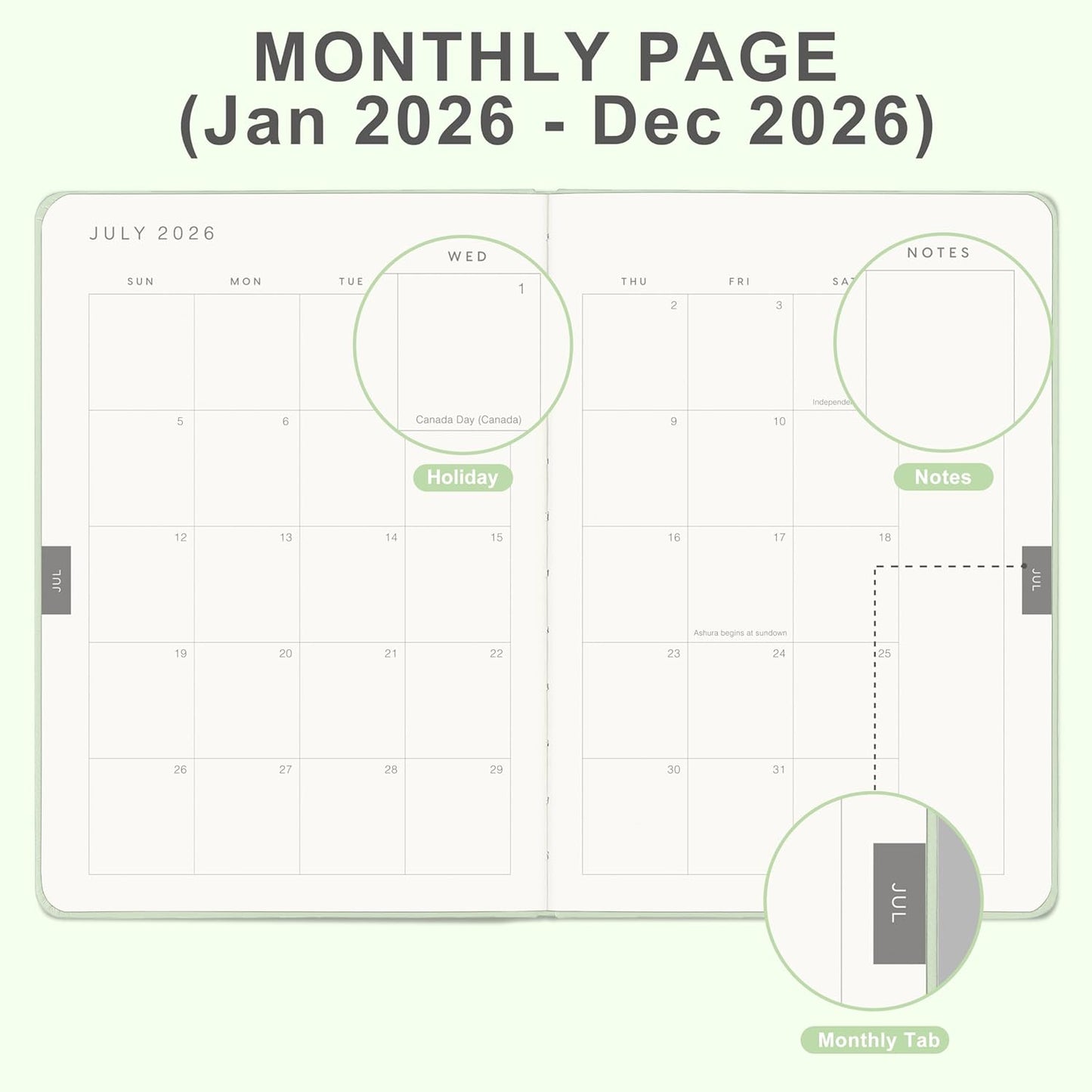 And Per Se 2026 Planner-Daily, Weekly & Monthly Leather Hardcover Planner, 5.7" x 8", Daily Schedule, Monthly Tabs, 100 GSM Thick Paper, Back Pocket(Mint)