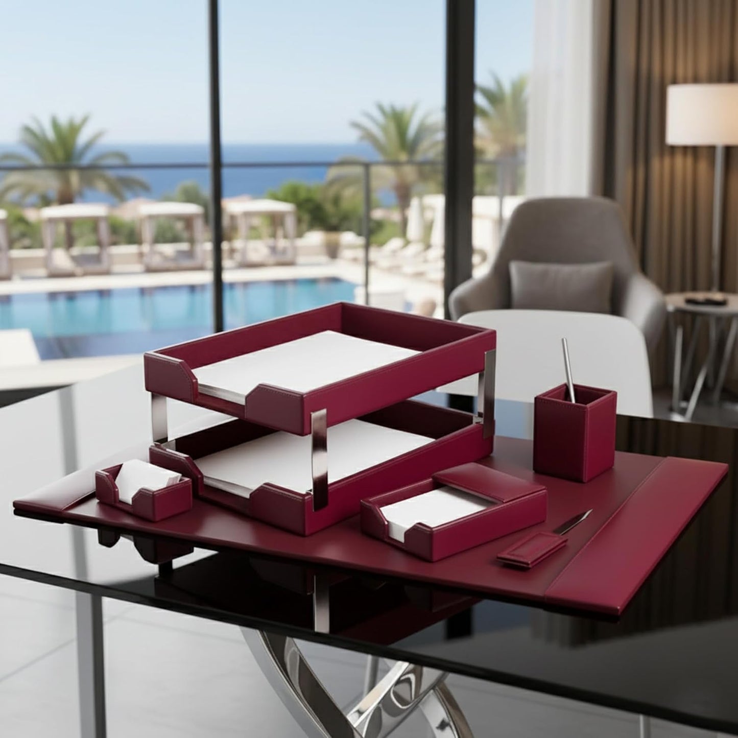 DACASSO Bonded Leather Desk Set - Luxury Leather Desk Pad & Desk Organization Essentials (Burgundy, 8 Piece)