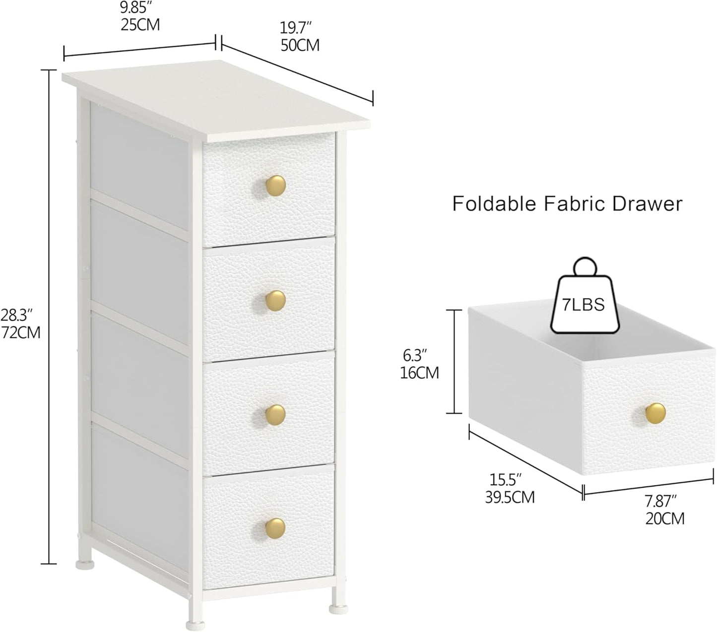 GiftGo Narrow Dresser Cabinet Vertical Slim Dresser Chest of Drawers Skinny Storage Tower for Small Spaces Gaps Closet Bedroom Bathroom Small Fabric Drawer Unit (White, 4 Drawers)