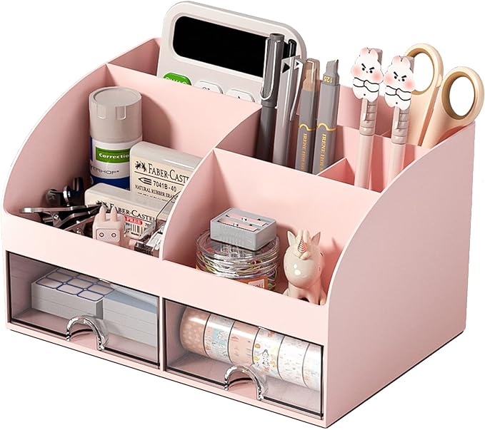 Desk Organizer with 6 Compartments and 2 Drawers, Plastic Makeup Organizer, Pen Holder for Desktop Storage, Desk Organization for School, Home, Office Supplies (Pink)