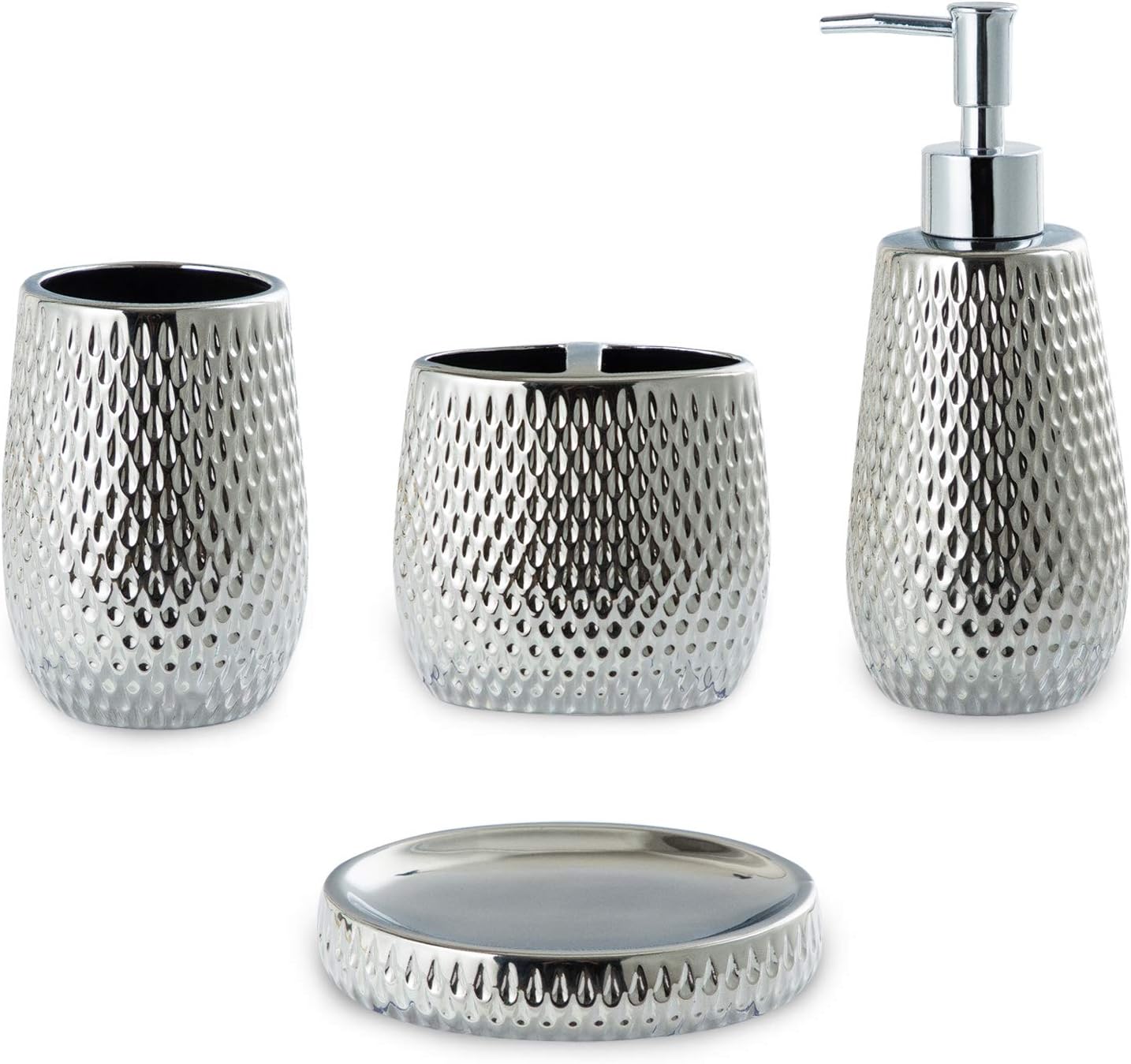 Silver Bathroom Accessory Set 4 Piece Ceramic Bath Accessories Sets Complete, Rain- Drop Shaped Bathroom Essential with Toothbrush Holder & Dish, Tumbler, Soap Dispenser Set for Bath Decor