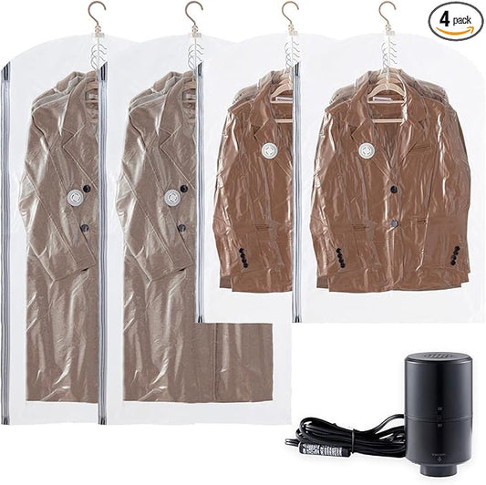 TAILI Hanging Vacuum Sealer Storage Space Saver Bags with Electric Air Pump for Clothing, for Coats, Closet Organizers, 2 Long 2 Short Clear