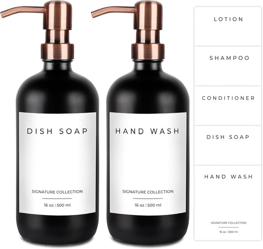 Emerson Soap Dispenser, Dish Soap Dispenser for Kitchen - Soap Dispenser Bathroom Set, Hand Soap Dispenser, Kitchen Soap Dispenser Set, Glass Soap Dispenser with Pump and Labels, 16 Oz, 2 Pack