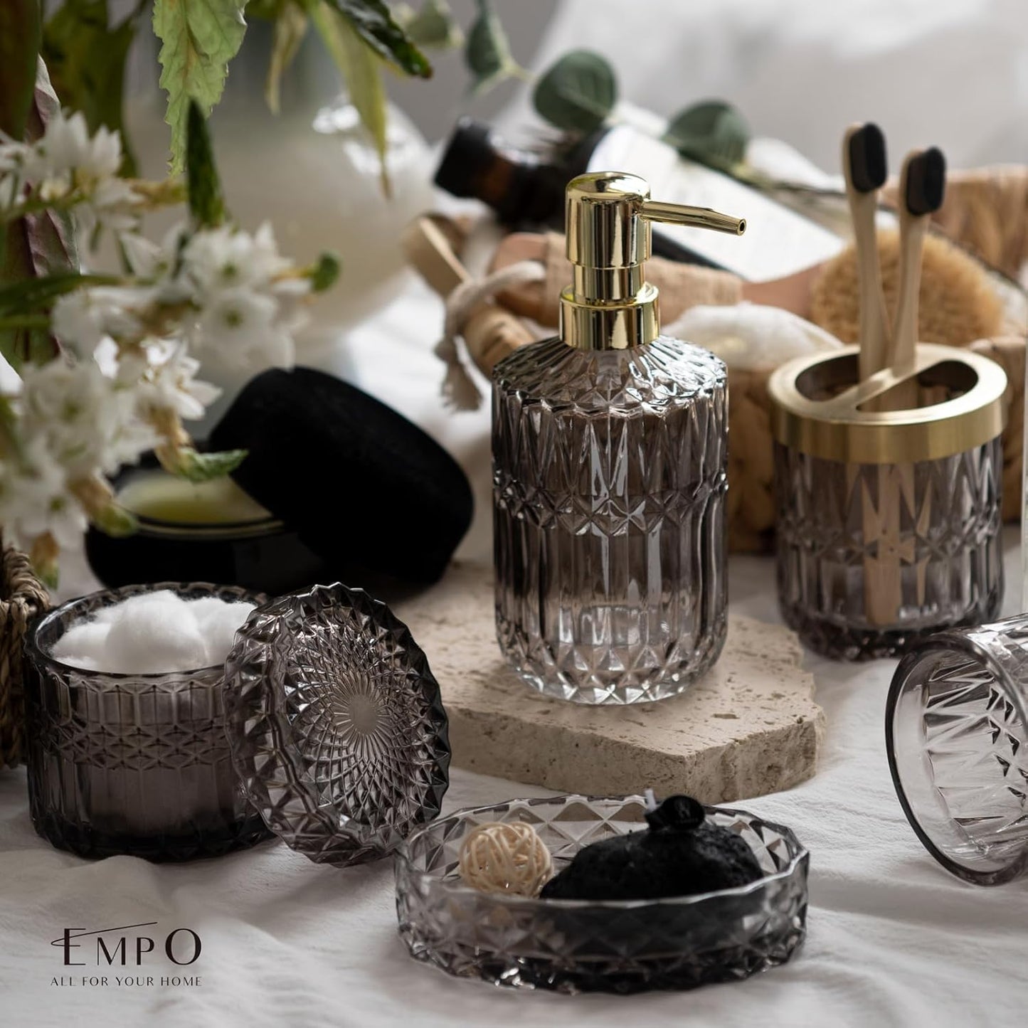 EMPO 6PCS Bathroom Clear Glass Accessories Set (Lotion Soap Dispenser, Soap Dish, Toothbrush Holder, Tumbler, Cotton Swab Jar) Contemporary Modern Decor Crystal Clear Vintage Gift (6pcs Gray)