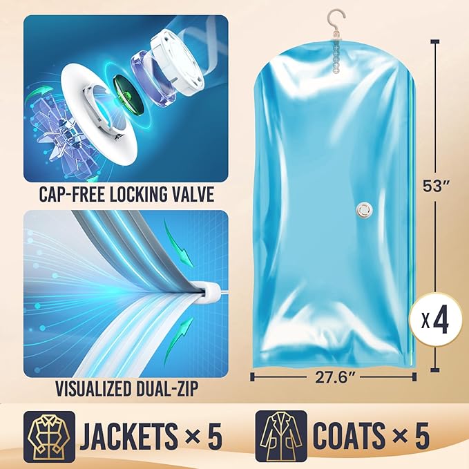 TAILI Hanging Vacuum Storage Sealer Space Saver Bags for Clothes, Coat, Closet Organizers, 4 Pack (2 Long, 2 Short) Blue