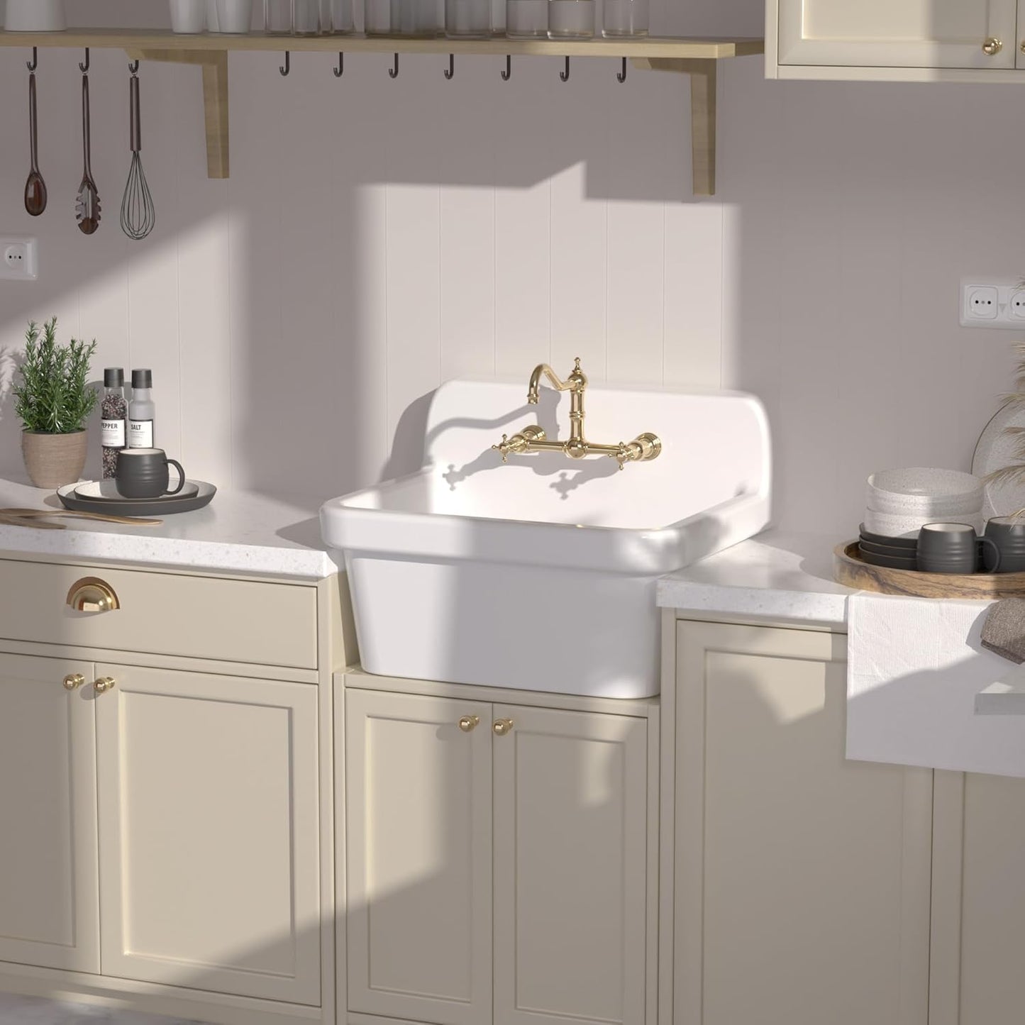 LUCKWIND 24 Inch Wall-Mounted Ceramic Utility Sink, White Farmhouse Sink for Laundry, Bathroom, Kitchen, Garage – Durable High Back Design