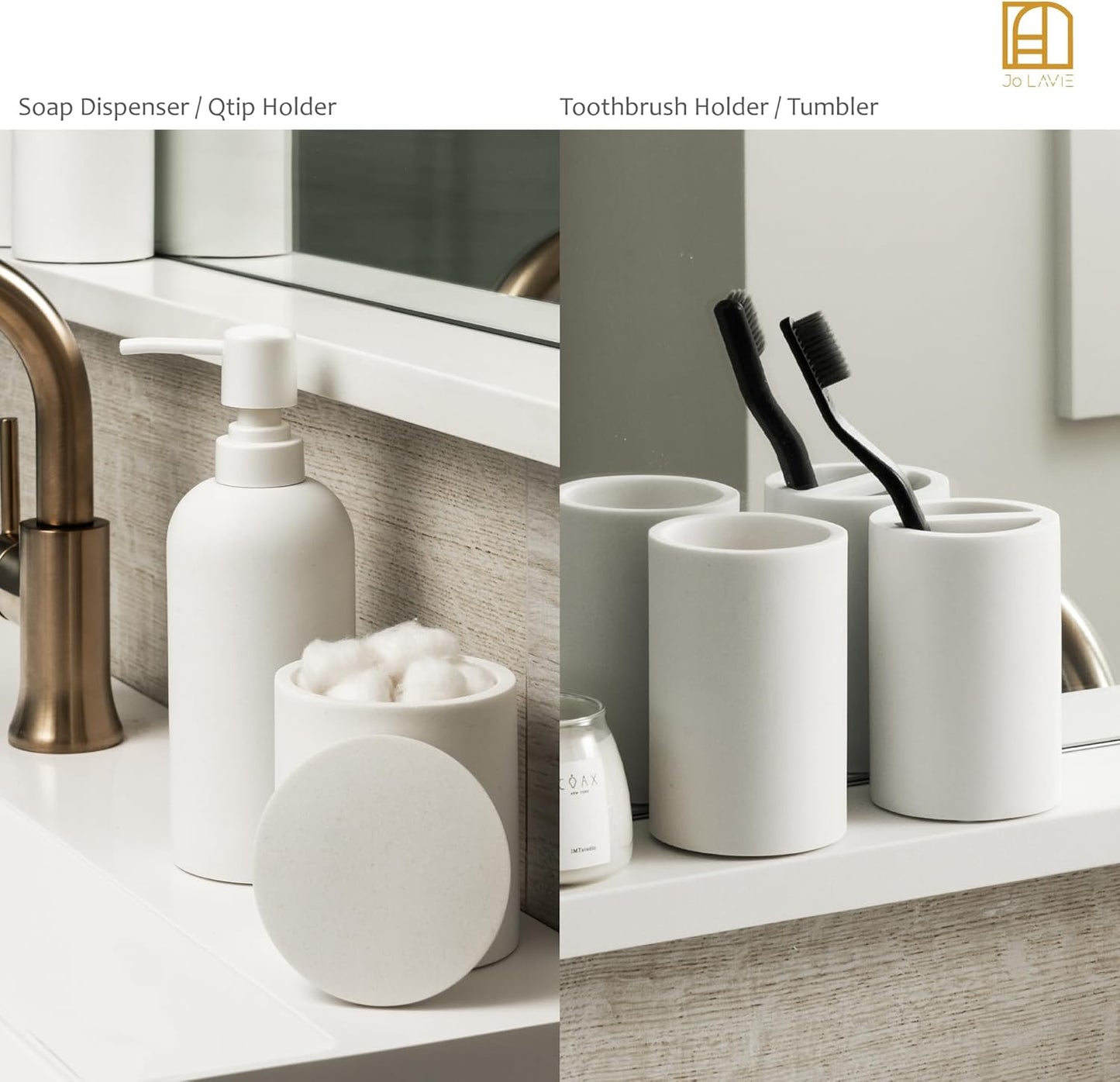 Matte White Bathroom Accessories Set – 4-Piece Resin Countertop Organizer with Soap Dispenser, Tumbler, Toothbrush Holder & Cotton Swab Jar – Modern Minimalist Vanity Kit
