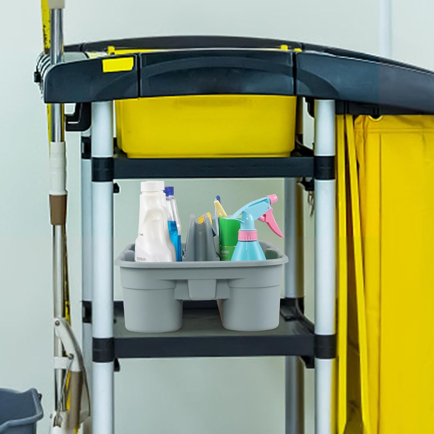 4 Packs 2 Compartment Plastic Cleaning Supplies Caddy, Multipurpose Portable Carry Tote with Handle, Grey