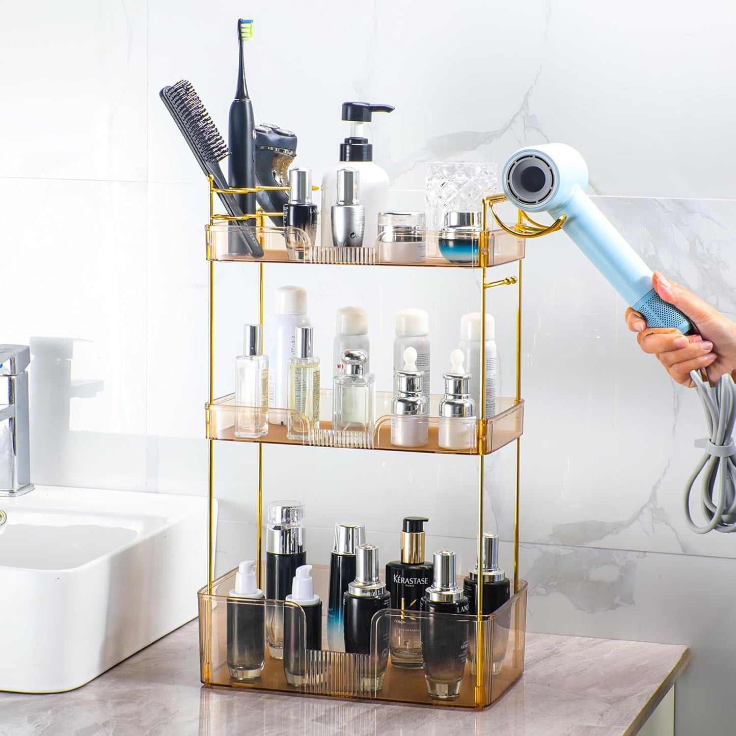 3 Tier Bathroom Organizer Countertop Makeup Perfume Tray Skincare Organizer Comes with Hair Dryer Rack and Toothbrush Holder for Bathroom Dresser Vanity (Gold)
