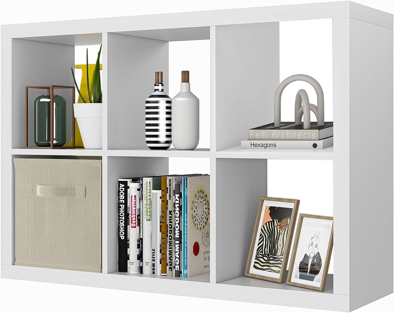 Bookshelf with Storage Bin, 6-Cube Storage Organizer, Modern Wood Open Bookcase, Multifunctional Display Cubicle Shelf for Living Room, Bedroom, Home Office, White