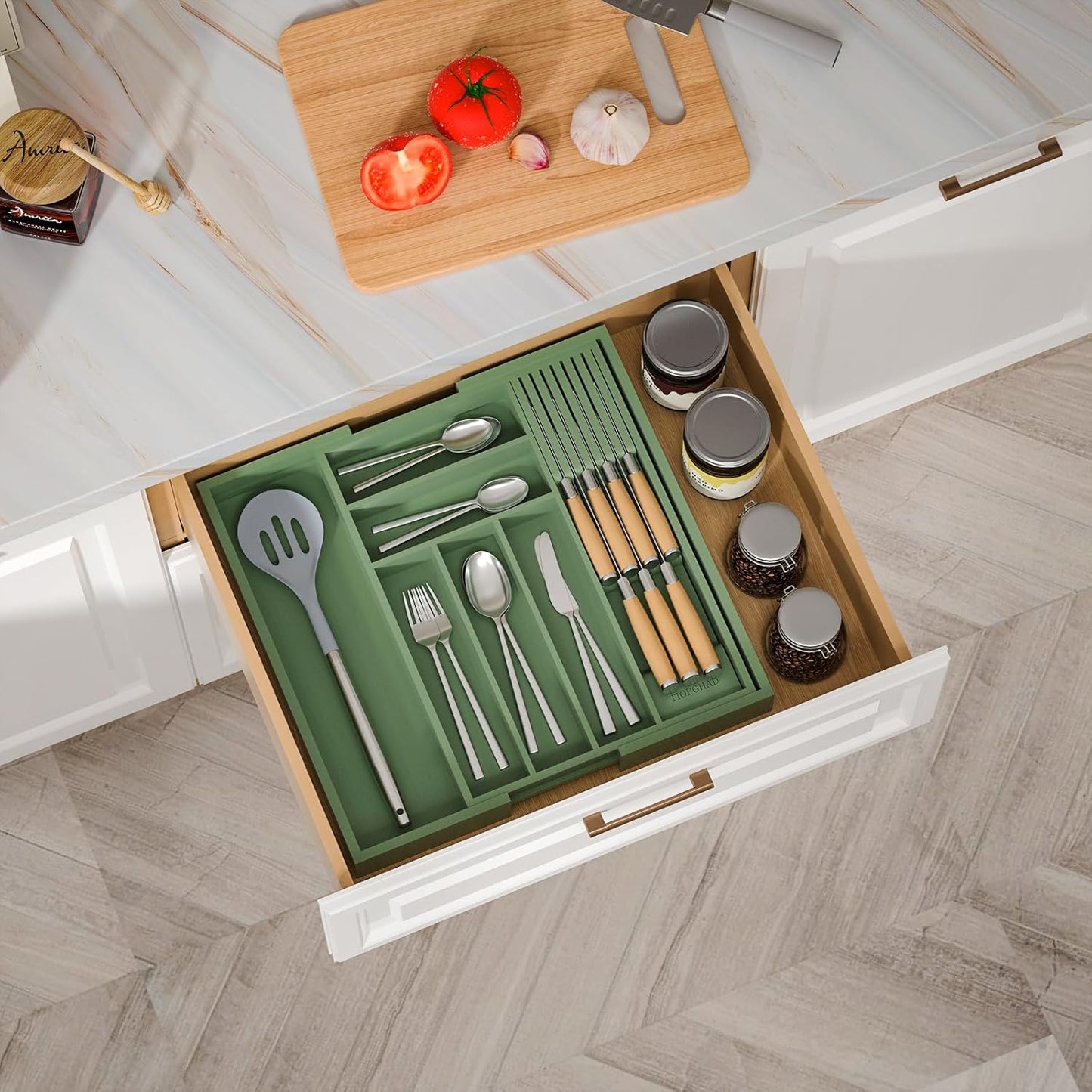 Bamboo-Silverware-Drawer-Organizer-Kitchen, Expandable Utensil Holder Cutlery Tray Flatware Organization Adjustable Wood Tableware Dividers Storage (with Removable Knife Block)(Grayish Green)