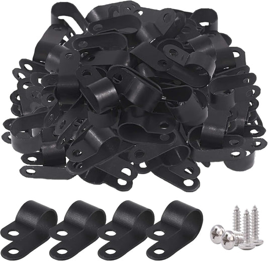Glarks 120Pcs 1/2 Inch Black Nylon Screw Mounting R-Type Cable Clip Wire Clamp with 120Pcs Screws for Wire, Cable, Conduit and Cable Conduit Kit (Black)