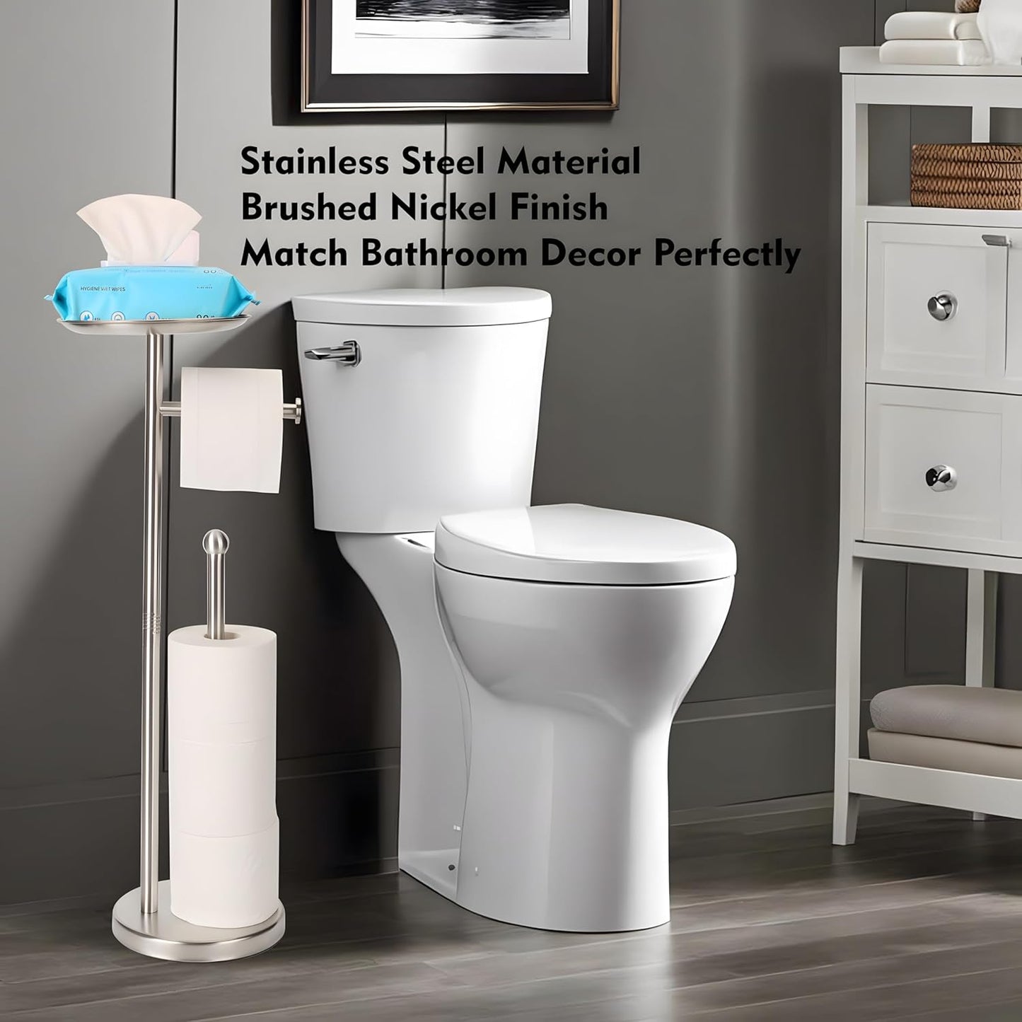 Noonext Toilet Paper Holder with Stainless Steel Tray at The Top for Bathroom, Heavy Base No Tipping Over (Stainless Steel, Brushed Nickel)