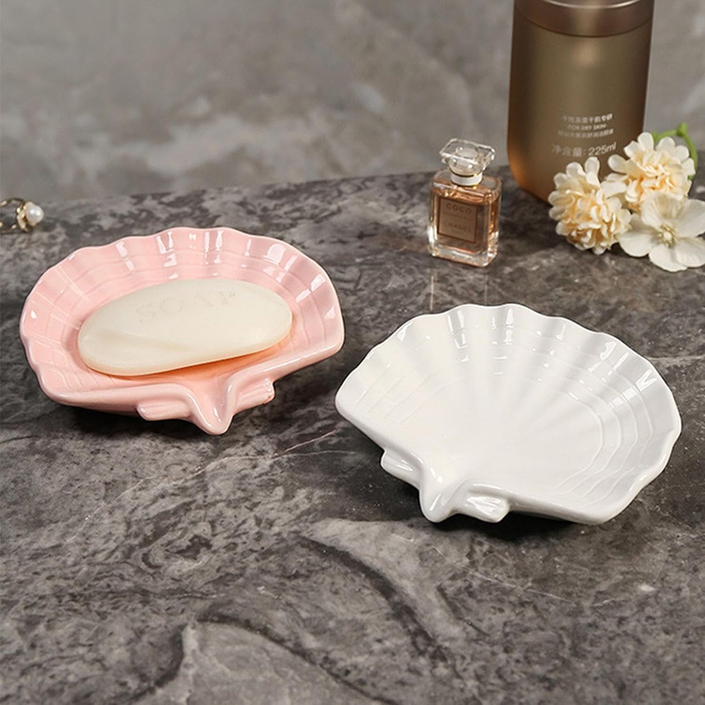 Ceramic Soap Holder, Sea-Shell Soap Tray with Self Draining, Soap Tray for Sink Washroom Bathroom Shower, Small Cute and Elegant Holder with Glaze, Easy Cleaning (White)