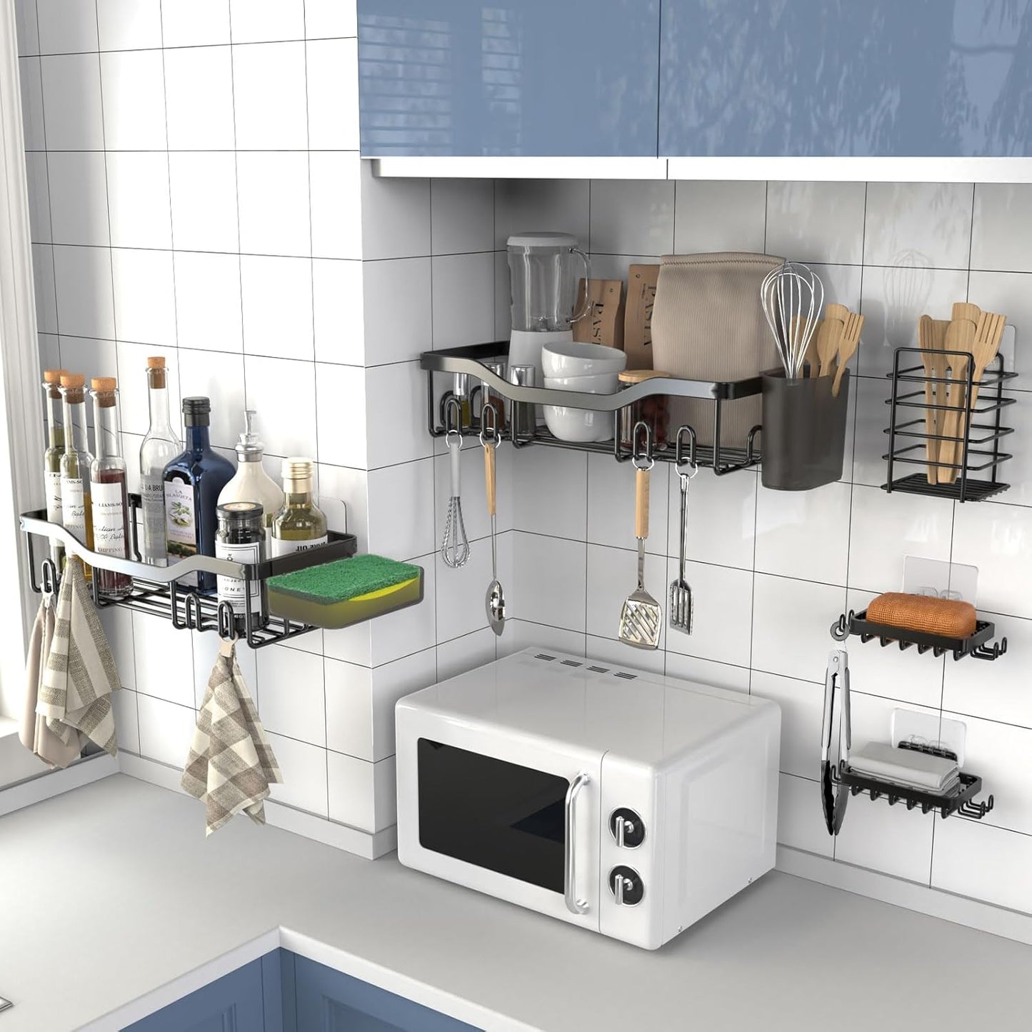 Shower Caddy Adhesive Shower Organizer 7-Pack, Rustproof Stainless Steel Bathroom Shelves, Large Capacity No-Drill Rack Storage Accessories with Soap Dish Toothbrush Holder &24 Hooks Home Decor